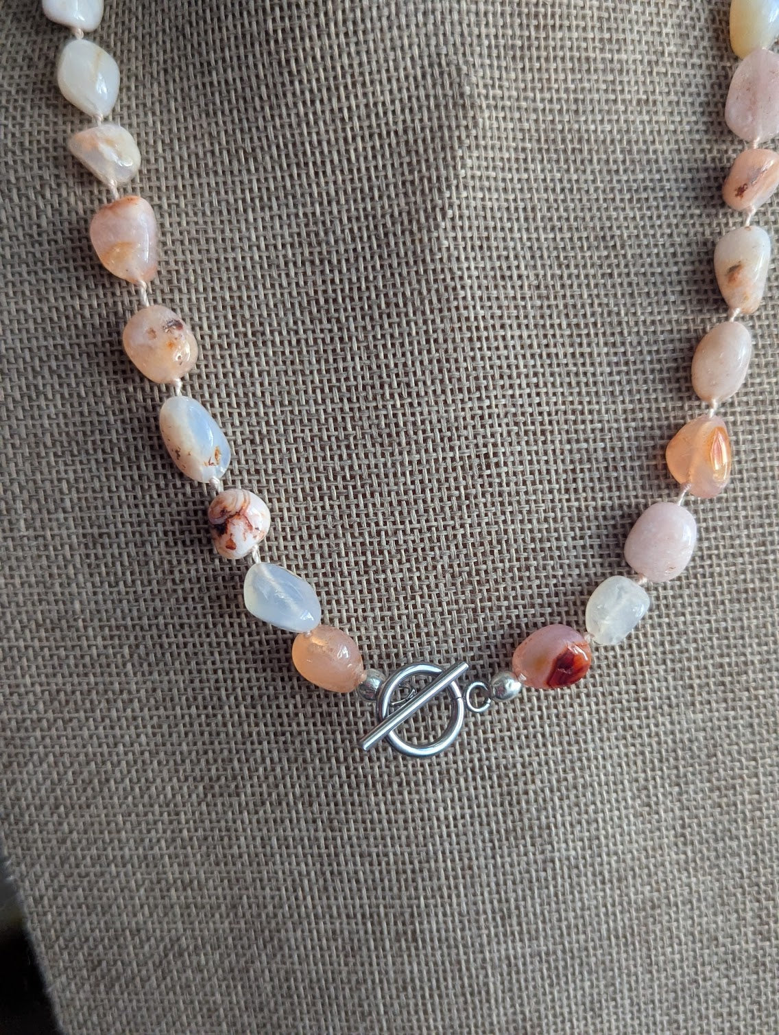 Hand- Knotted Flower Agate Toggle Clasp Necklace (Silver or Gold)