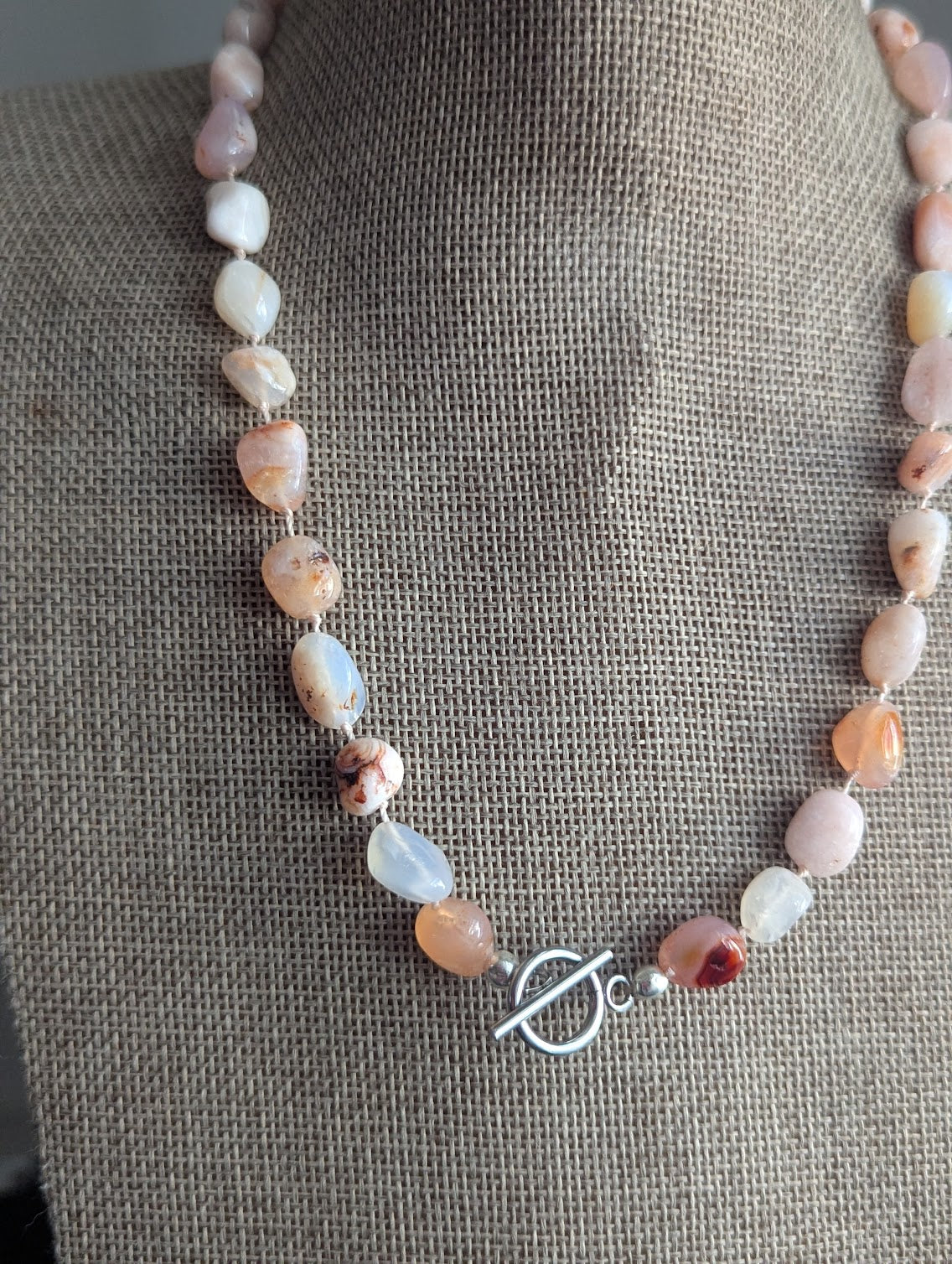 Hand- Knotted Flower Agate Toggle Clasp Necklace (Silver or Gold)