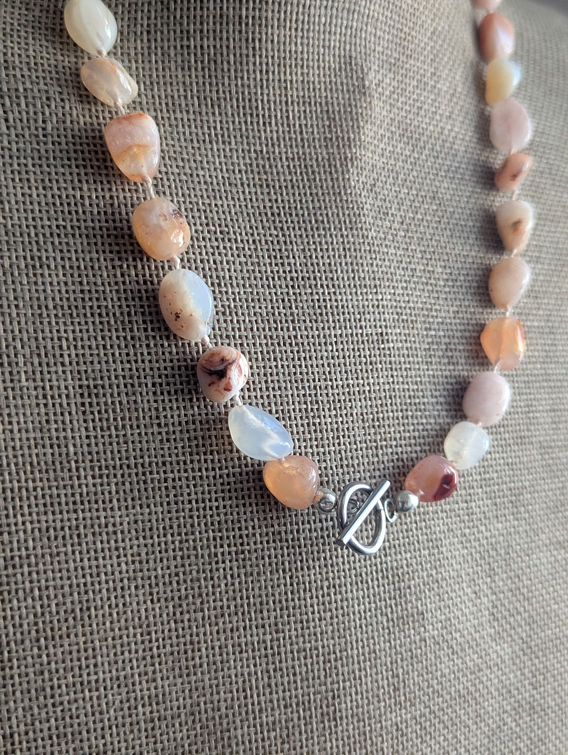 Hand- Knotted Flower Agate Toggle Clasp Necklace (Silver or Gold)