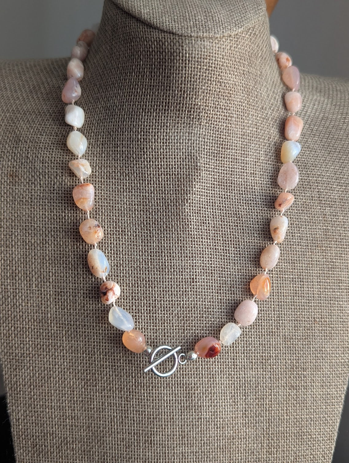 Hand- Knotted Flower Agate Toggle Clasp Necklace (Silver or Gold)