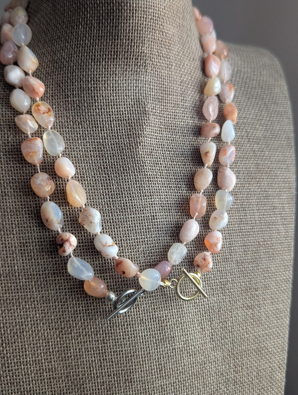 Hand- Knotted Flower Agate Toggle Clasp Necklace (Silver or Gold)