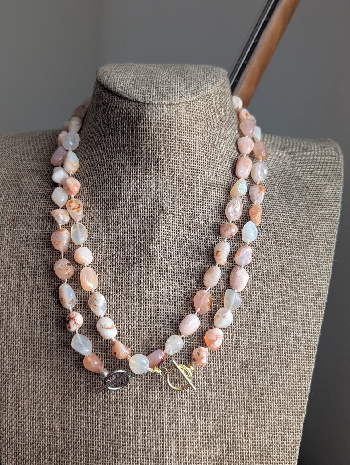 Hand- Knotted Flower Agate Toggle Clasp Necklace (Silver or Gold)