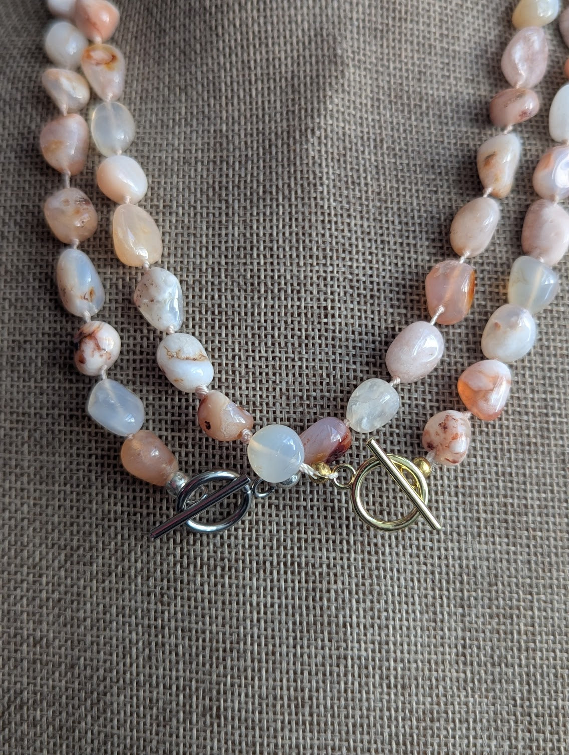 Hand- Knotted Flower Agate Toggle Clasp Necklace (Silver or Gold)