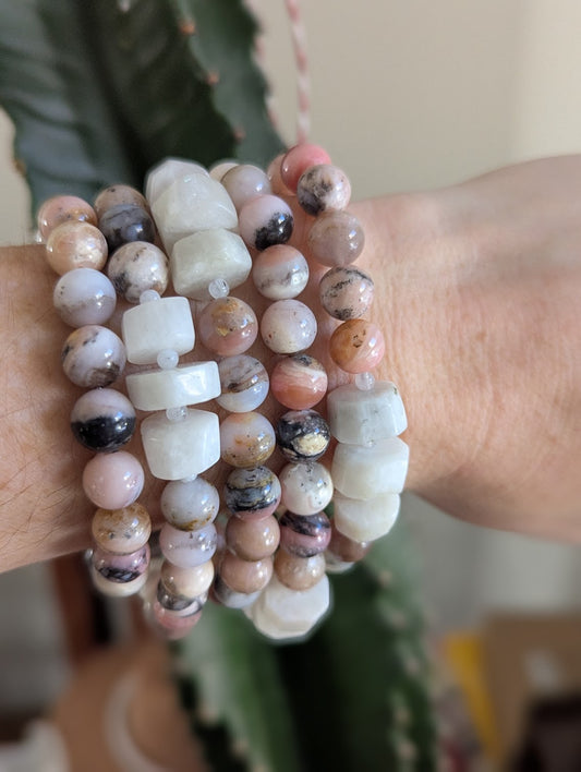 Limited Edition! Pink Opal and Moonstone Stretch Bracelet (Various Sizes Available)