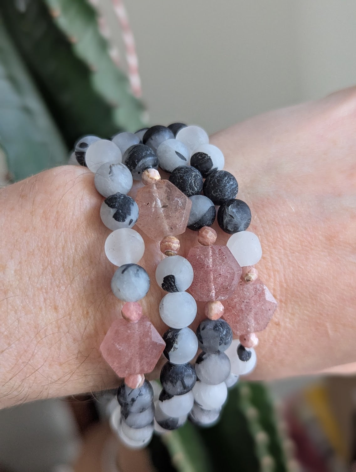 Limited Edition! Matte Black Tourmaline Quartz and Strawberry Quartz Stretch Bracelet (Various Sizes Available)