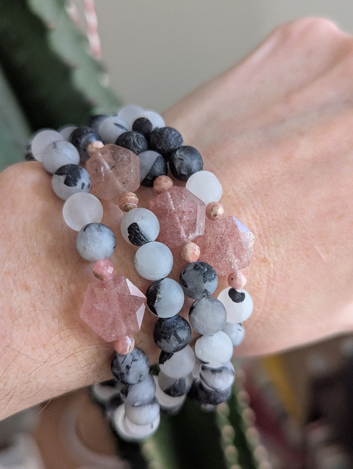 Limited Edition! Matte Black Tourmaline Quartz and Strawberry Quartz Stretch Bracelet (Various Sizes Available)