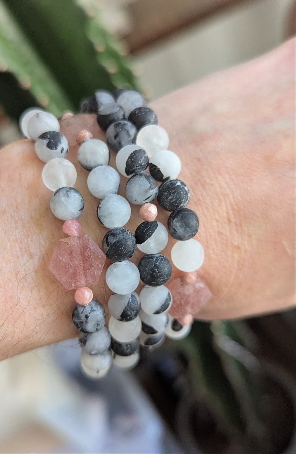 Limited Edition! Matte Black Tourmaline Quartz and Strawberry Quartz Stretch Bracelet (Various Sizes Available)