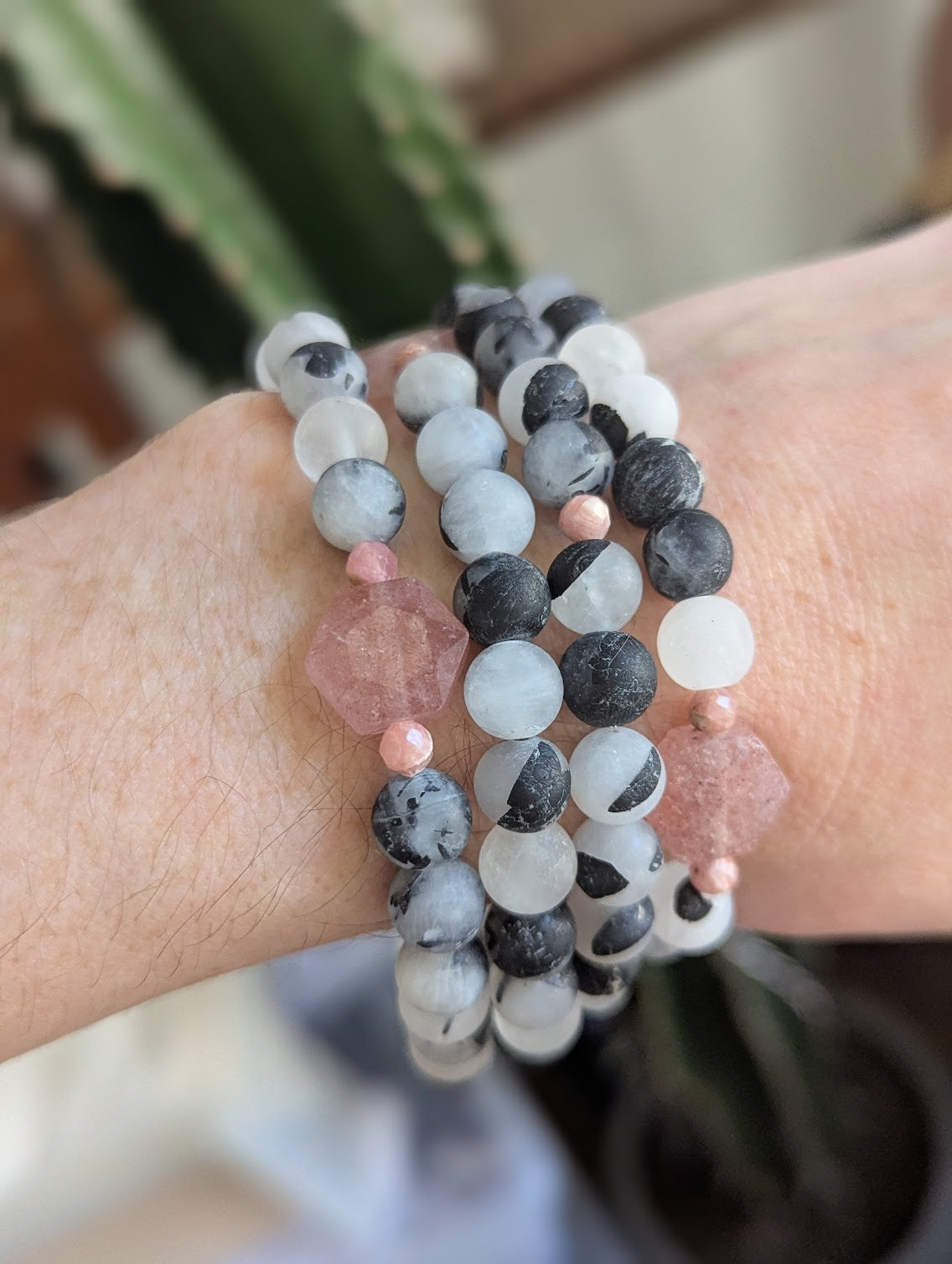 Limited Edition! Matte Black Tourmaline Quartz and Strawberry Quartz Stretch Bracelet (Various Sizes Available)