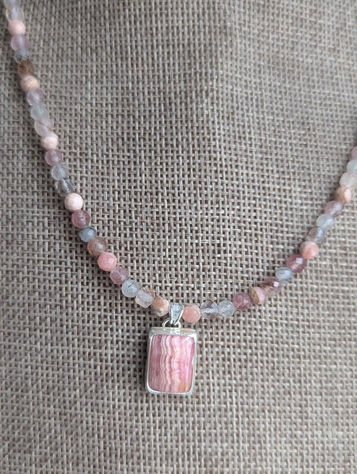 Rhodocrosite, Strawberry Quartz, Tourmaline Beaded Sterling Silver Necklace