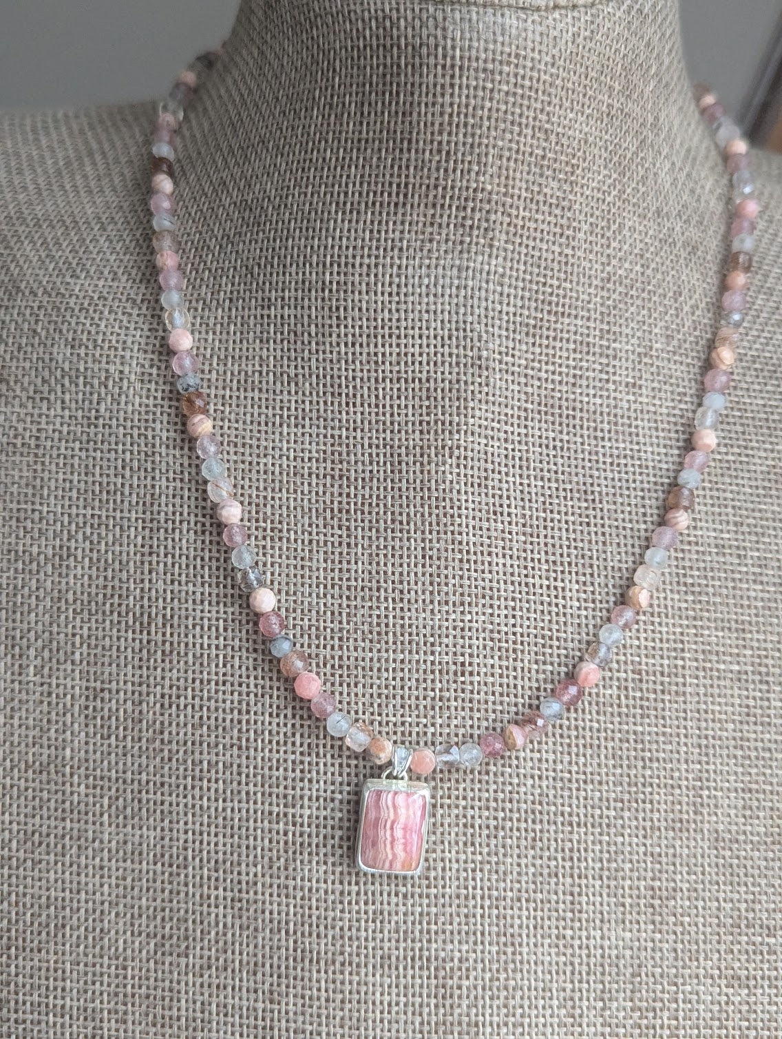 Rhodocrosite, Strawberry Quartz, Tourmaline Beaded Sterling Silver Necklace