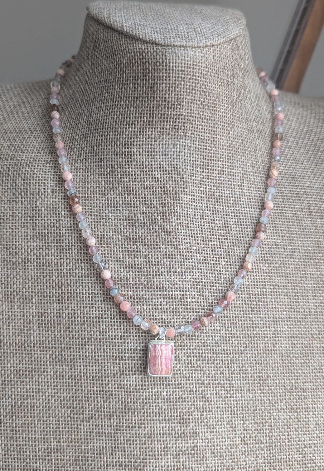 Rhodocrosite, Strawberry Quartz, Tourmaline Beaded Sterling Silver Necklace