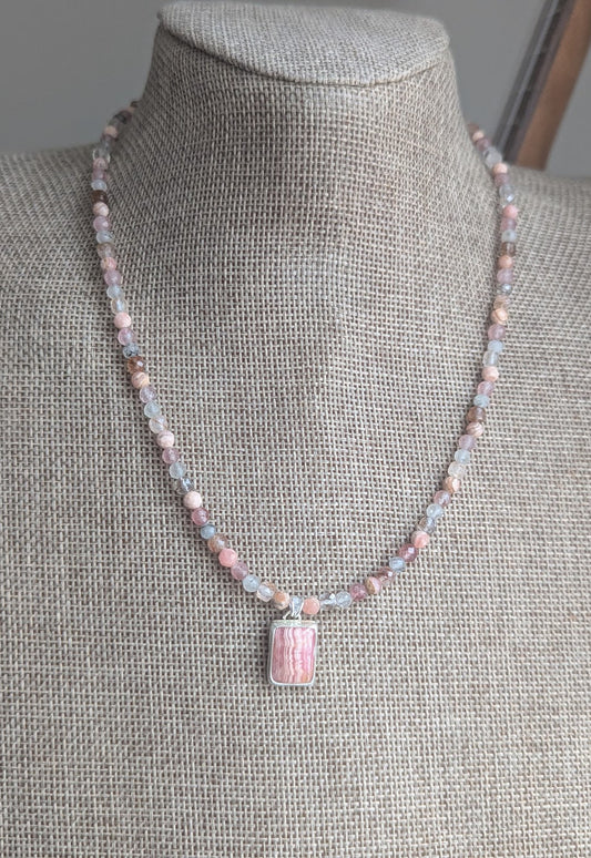 Rhodocrosite, Strawberry Quartz, Tourmaline Beaded Sterling Silver Necklace