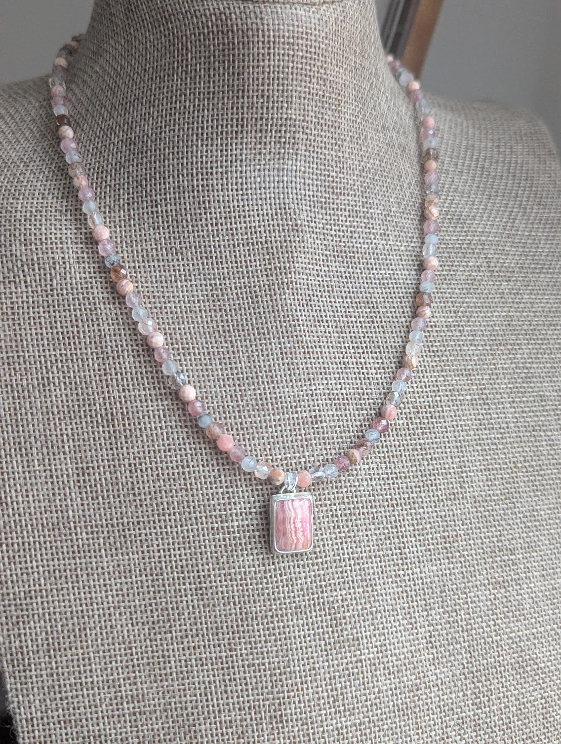 Rhodocrosite, Strawberry Quartz, Tourmaline Beaded Sterling Silver Necklace