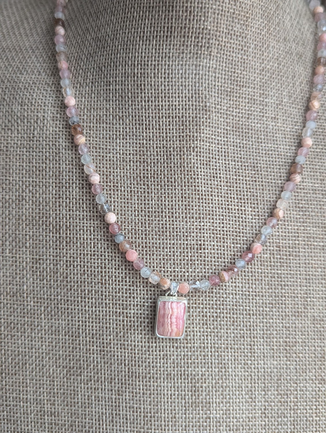 Rhodocrosite, Strawberry Quartz, Tourmaline Beaded Sterling Silver Necklace