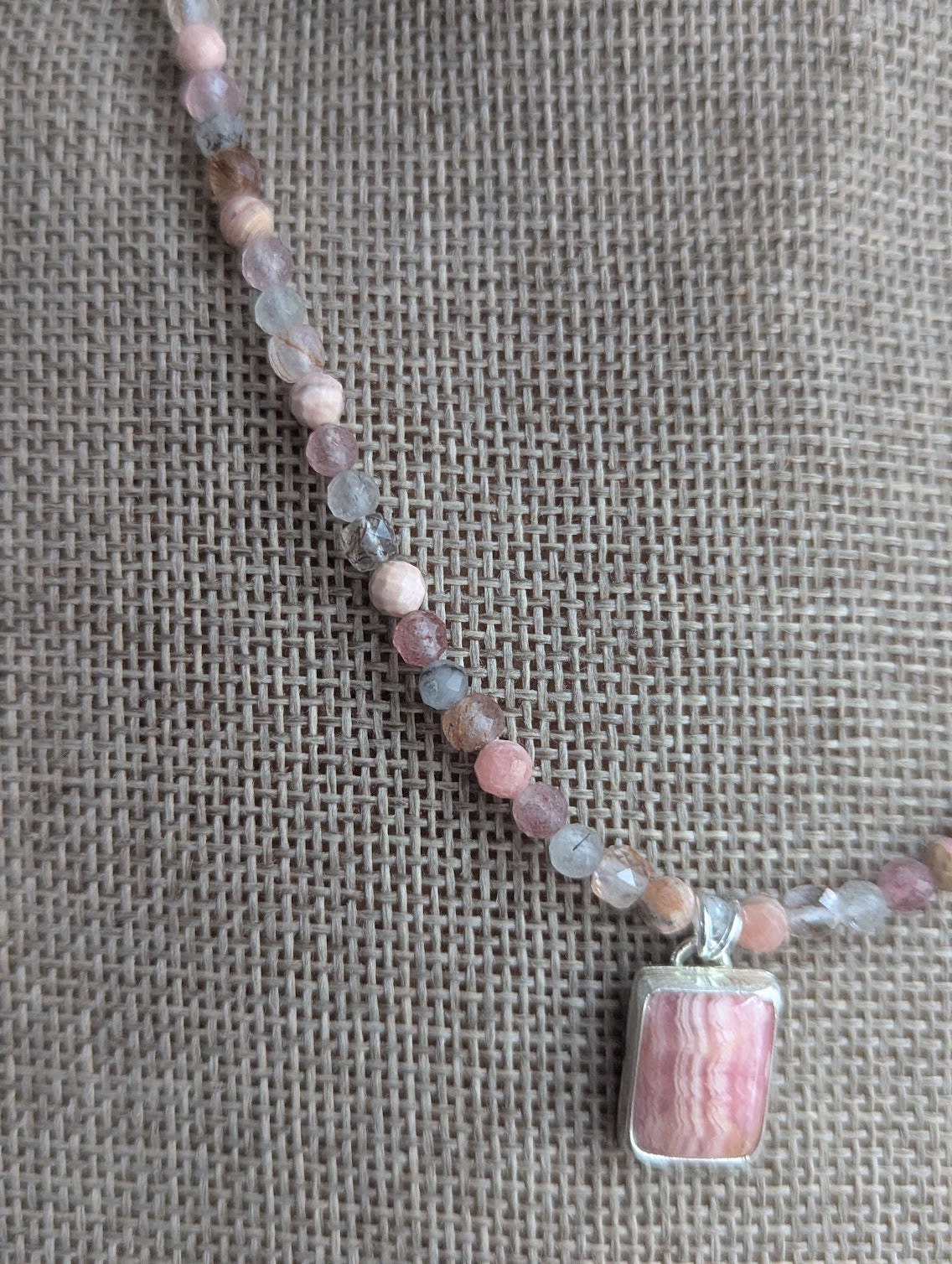 Rhodocrosite, Strawberry Quartz, Tourmaline Beaded Sterling Silver Necklace