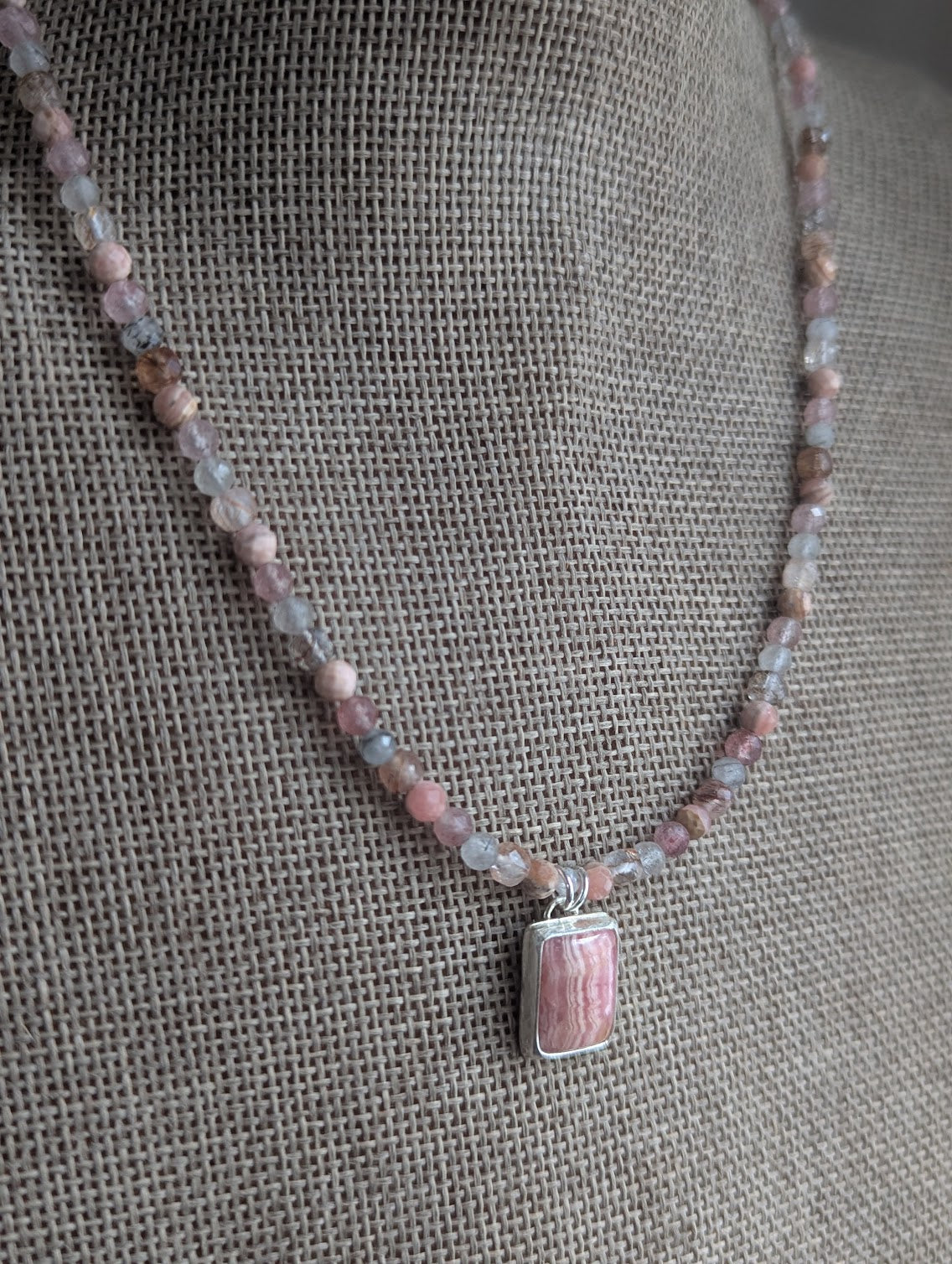 Rhodocrosite, Strawberry Quartz, Tourmaline Beaded Sterling Silver Necklace