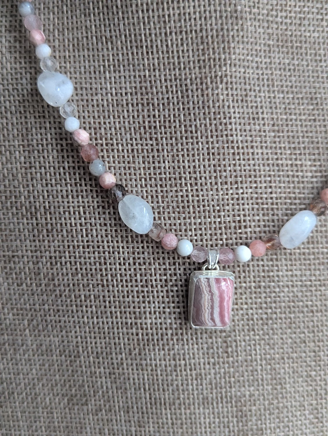 Rhodocrosite, Moonstone, Strawberry Quartz, Tourmaline Beaded Sterling Silver Necklace