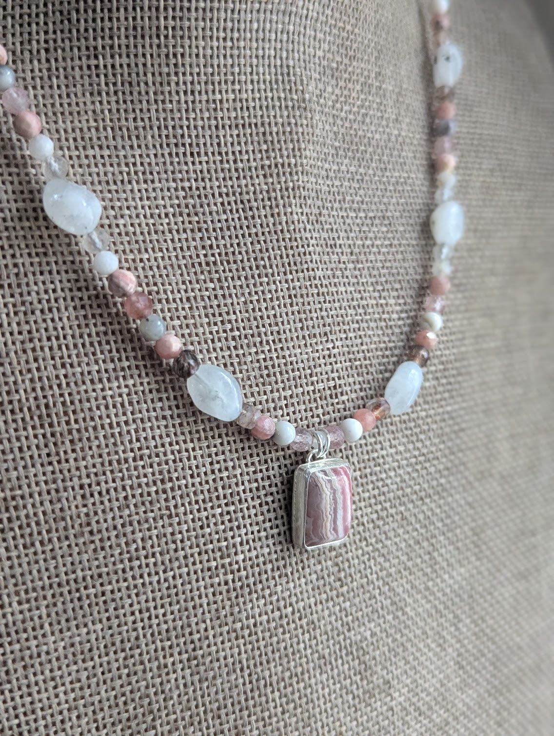 Rhodocrosite, Moonstone, Strawberry Quartz, Tourmaline Beaded Sterling Silver Necklace