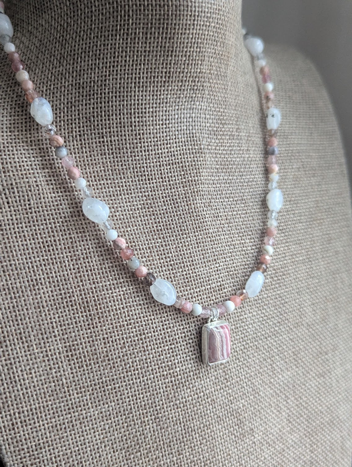Rhodocrosite, Moonstone, Strawberry Quartz, Tourmaline Beaded Sterling Silver Necklace