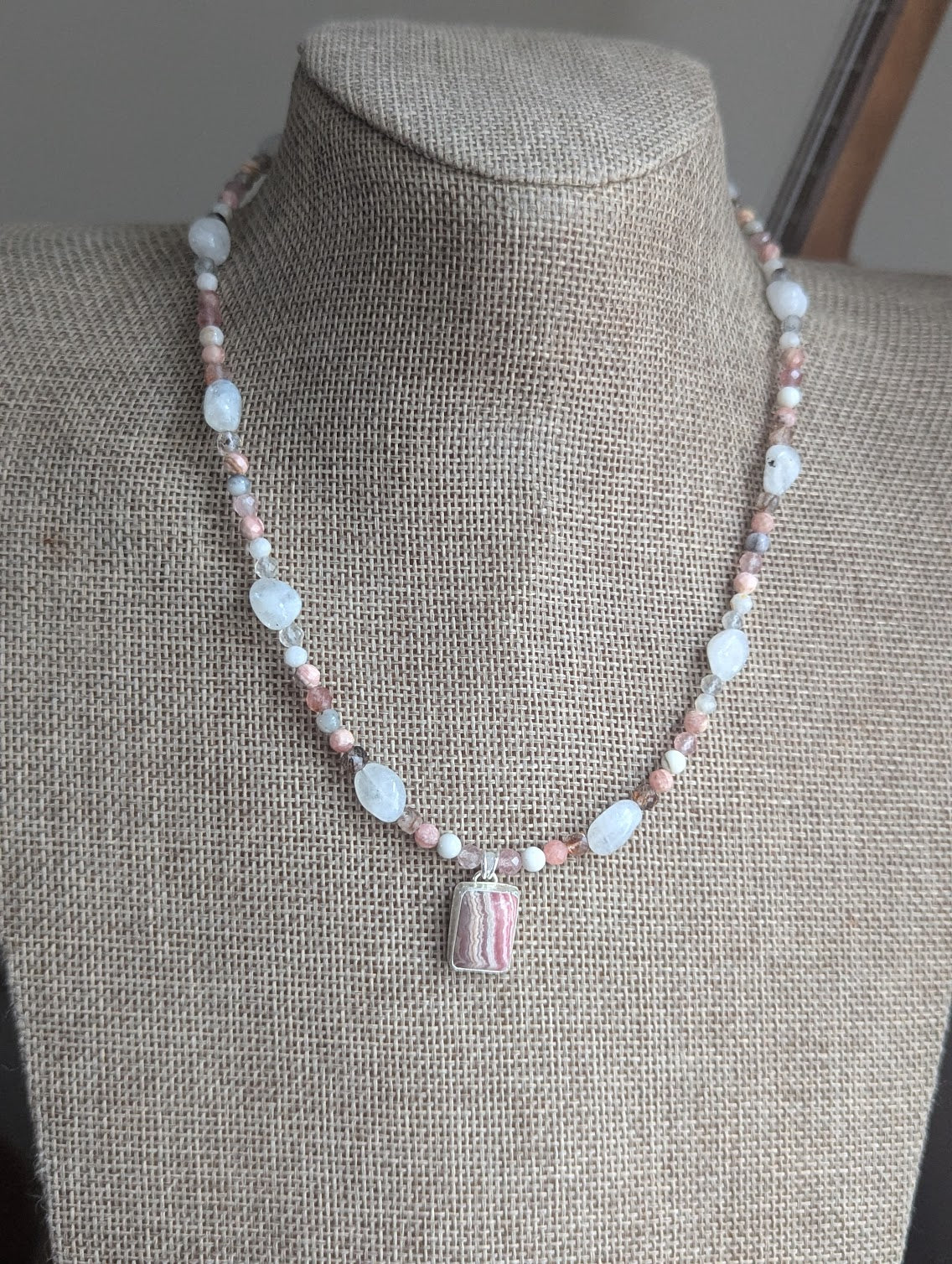 Rhodocrosite, Moonstone, Strawberry Quartz, Tourmaline Beaded Sterling Silver Necklace