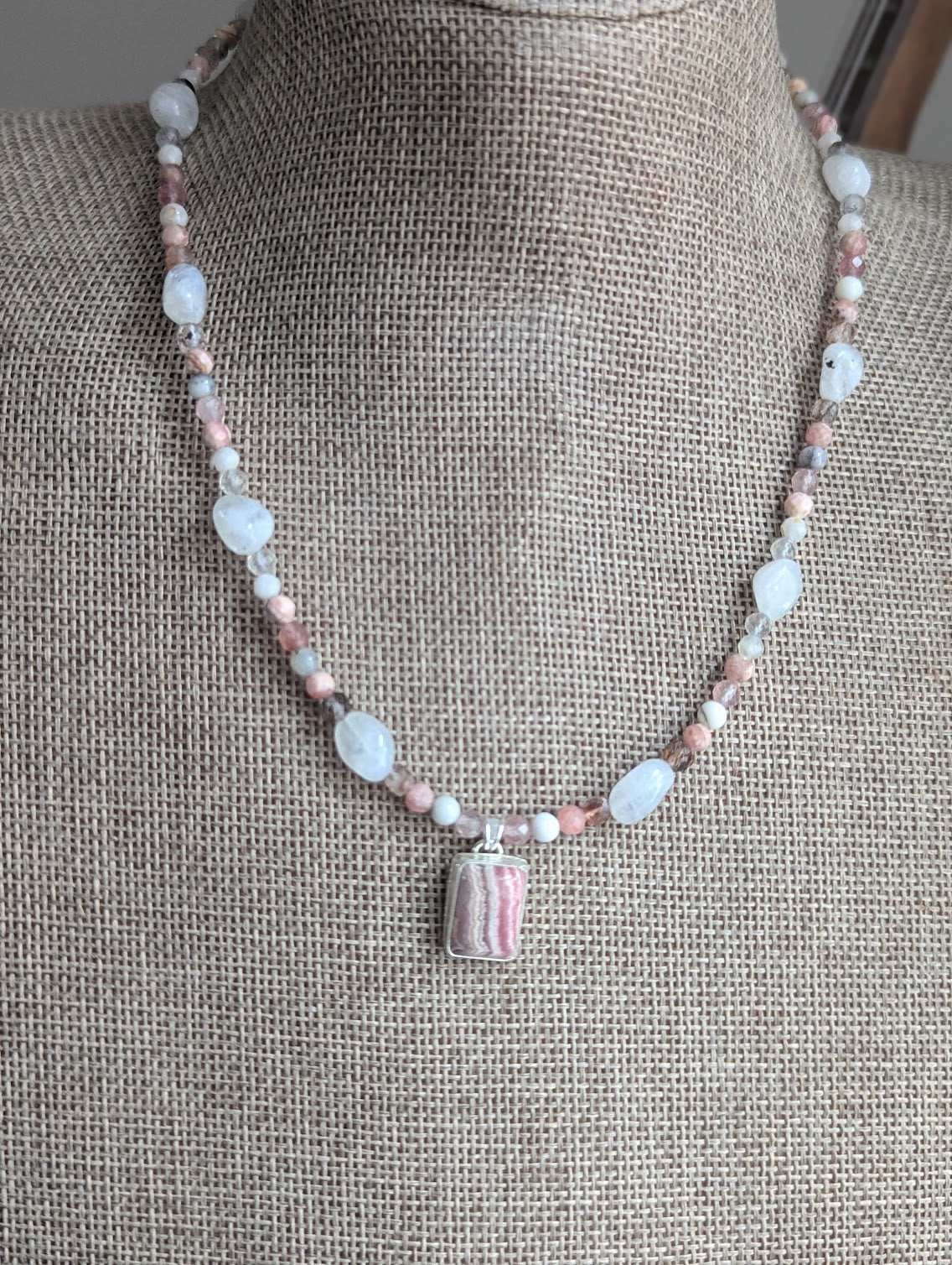 Rhodocrosite, Moonstone, Strawberry Quartz, Tourmaline Beaded Sterling Silver Necklace