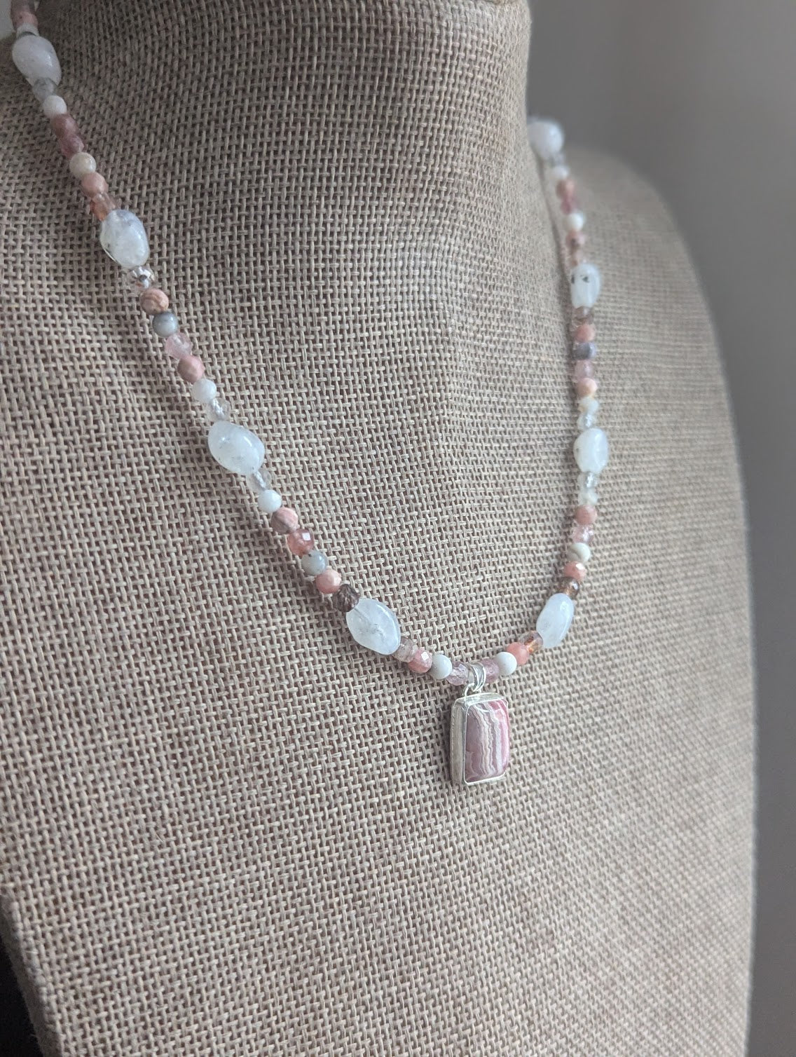 Rhodocrosite, Moonstone, Strawberry Quartz, Tourmaline Beaded Sterling Silver Necklace