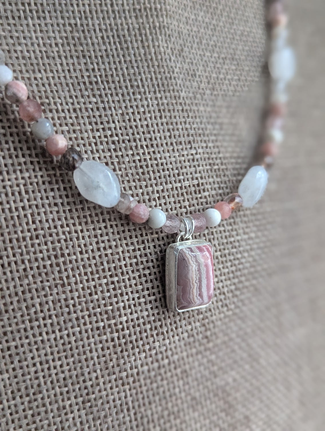 Rhodocrosite, Moonstone, Strawberry Quartz, Tourmaline Beaded Sterling Silver Necklace