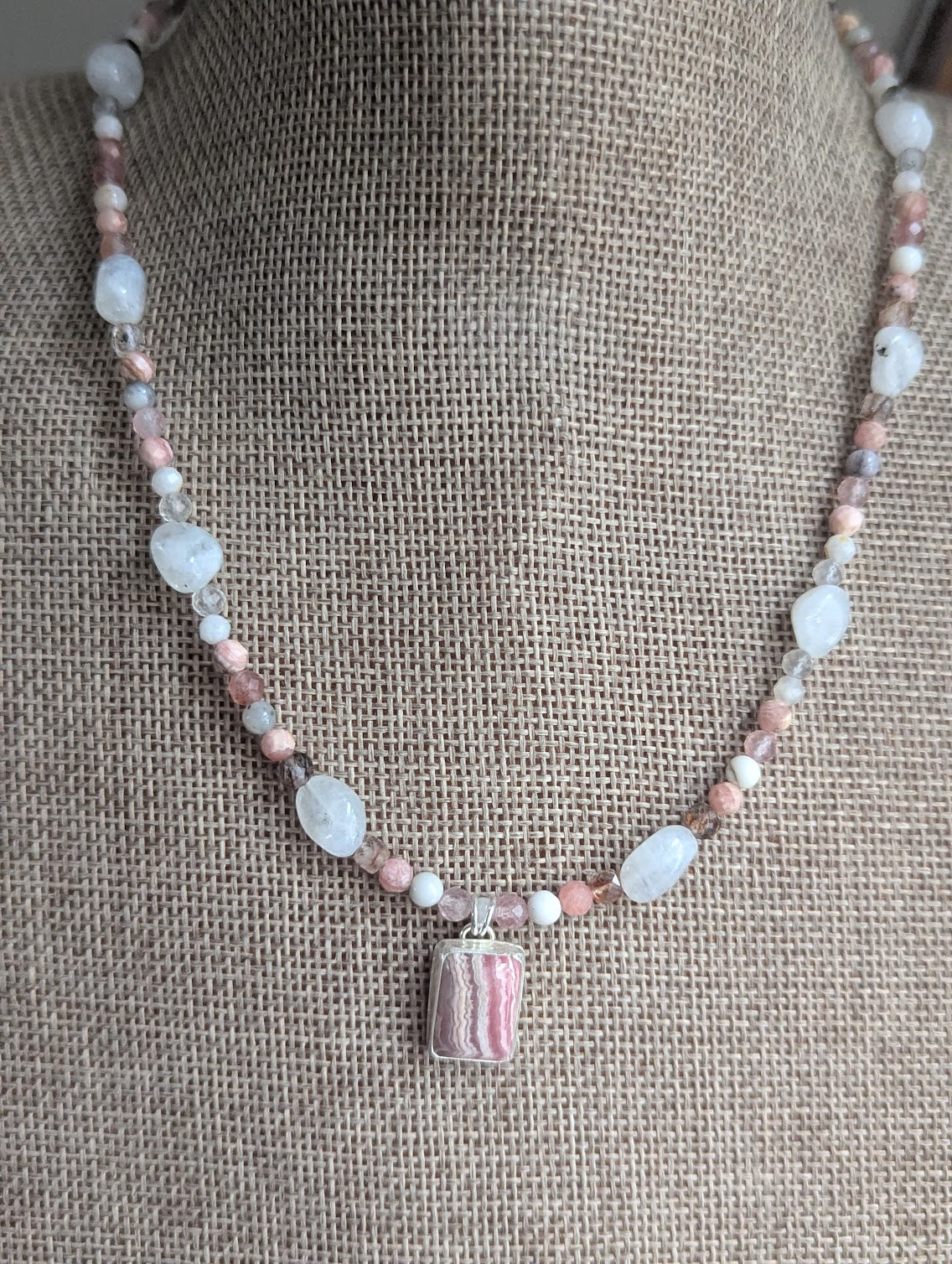 Rhodocrosite, Moonstone, Strawberry Quartz, Tourmaline Beaded Sterling Silver Necklace