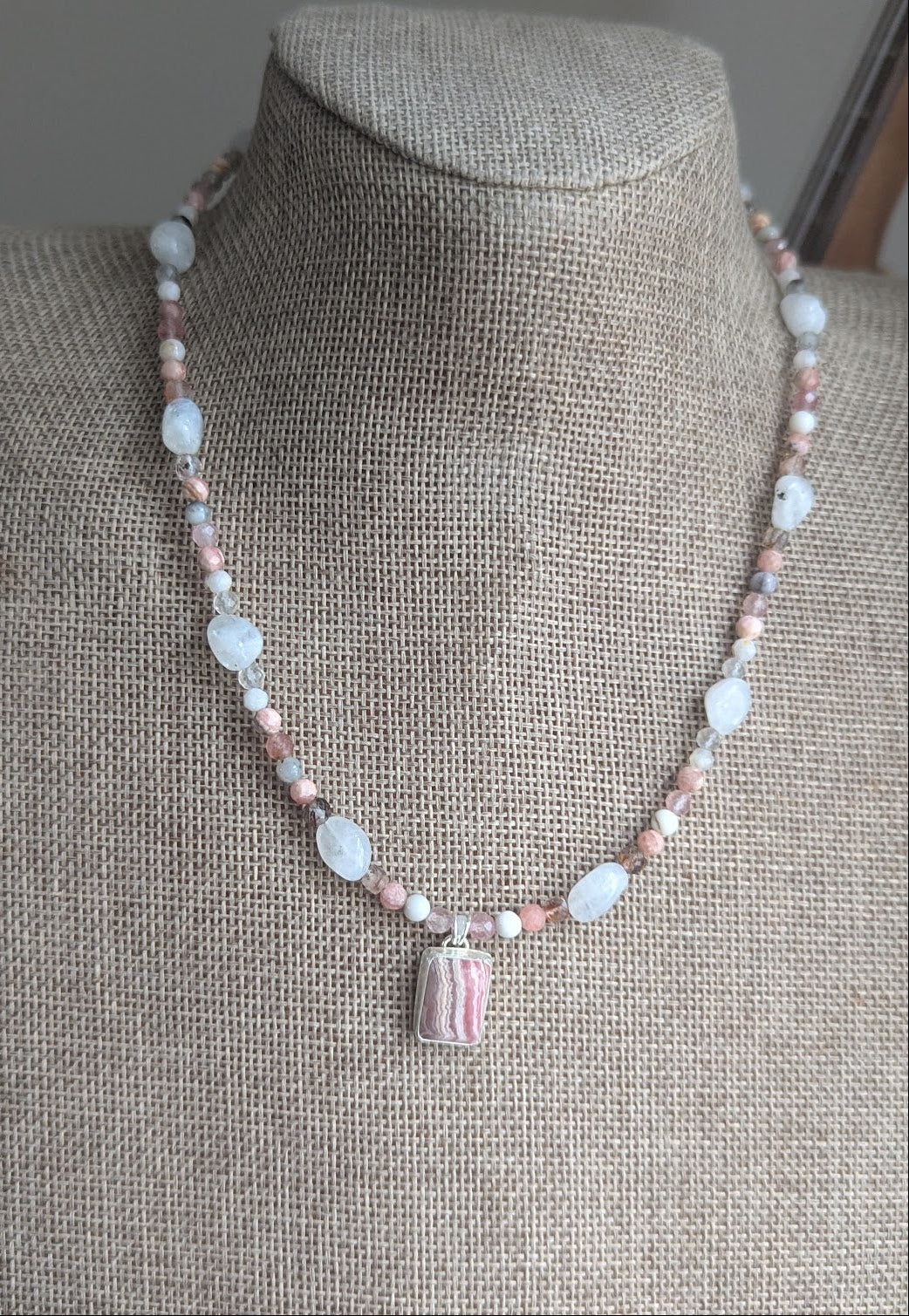 Rhodocrosite, Moonstone, Strawberry Quartz, Tourmaline Beaded Sterling Silver Necklace