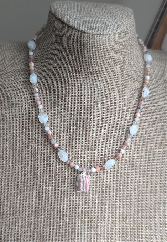 Rhodocrosite, Moonstone, Strawberry Quartz, Tourmaline Beaded Sterling Silver Necklace