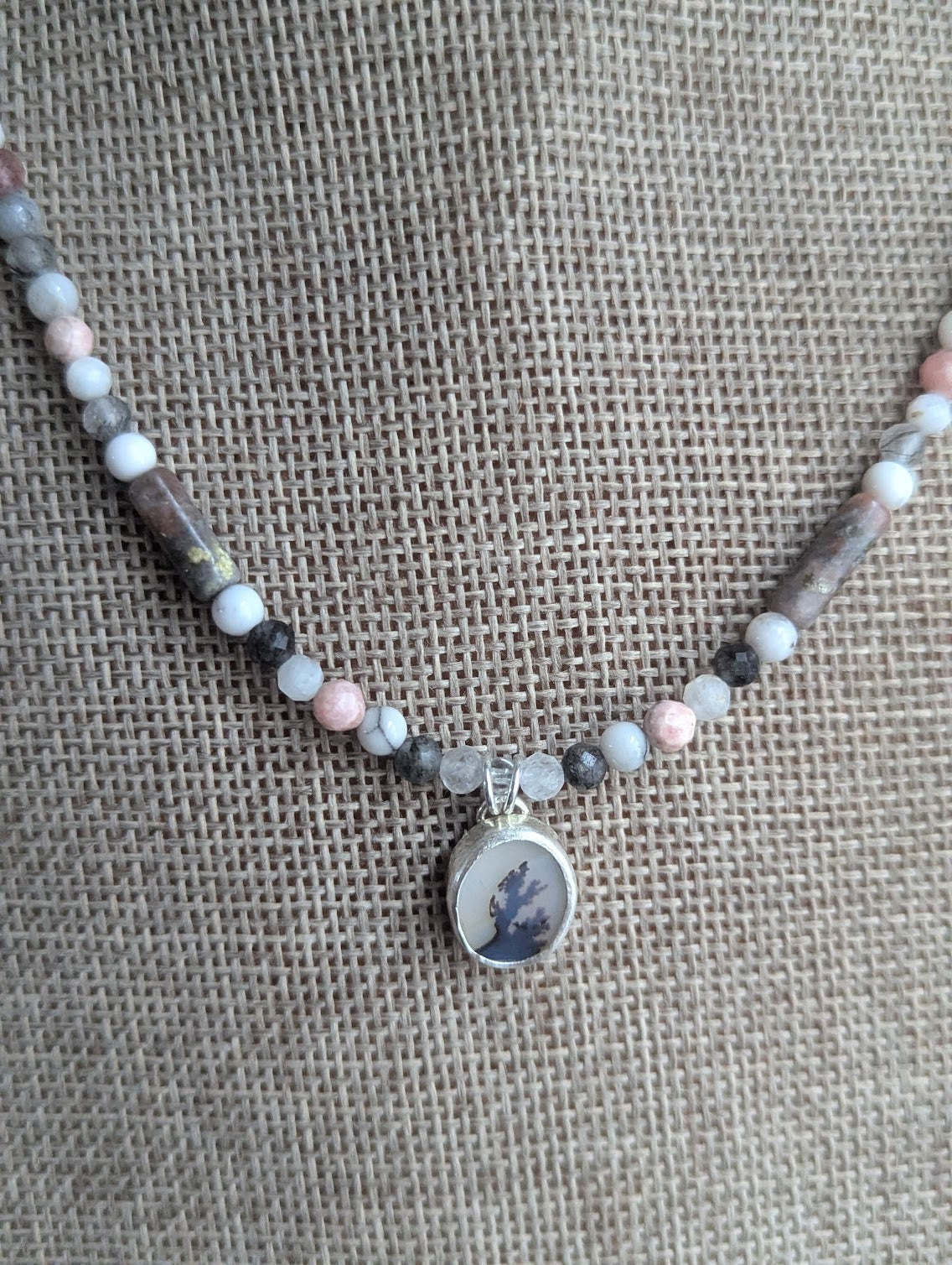 Dendritic Agate, Rhodocrosite, Moonstone, Tourmaline Beaded Sterling Silver Necklace