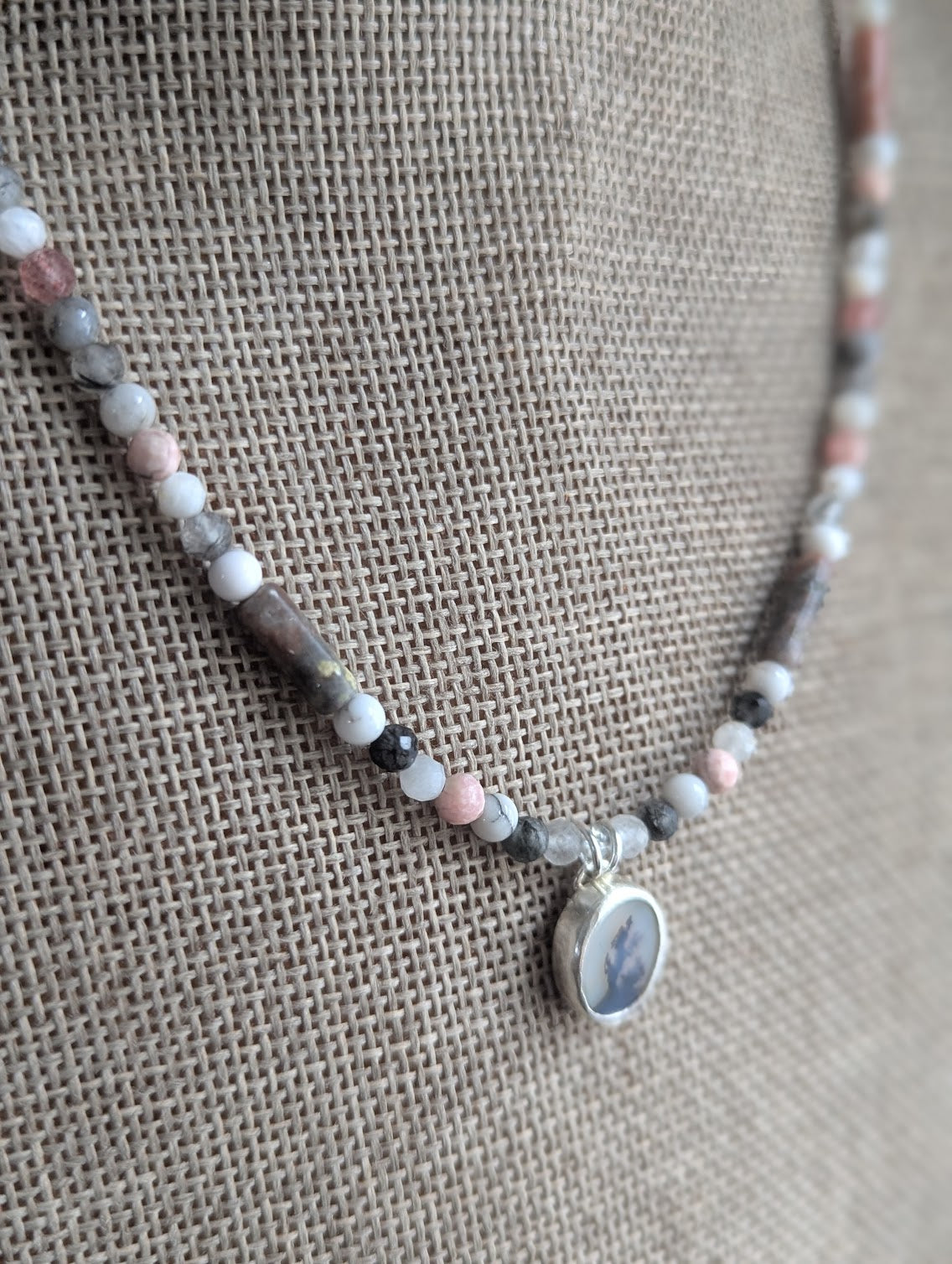 Dendritic Agate, Rhodocrosite, Moonstone, Tourmaline Beaded Sterling Silver Necklace