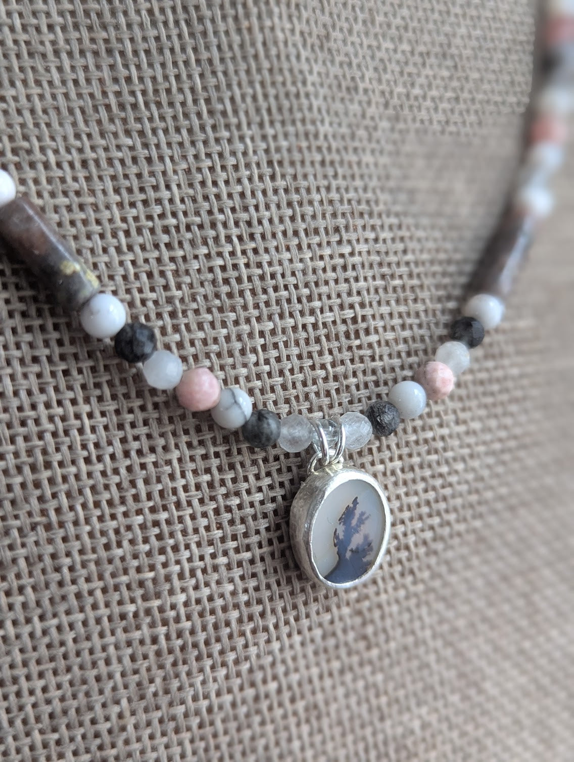 Dendritic Agate, Rhodocrosite, Moonstone, Tourmaline Beaded Sterling Silver Necklace