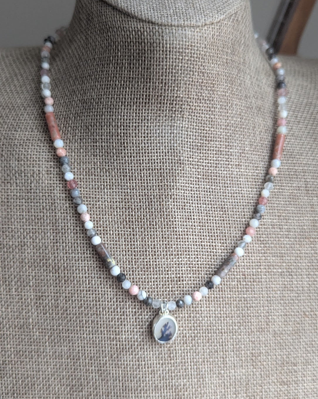 Dendritic Agate, Rhodocrosite, Moonstone, Tourmaline Beaded Sterling Silver Necklace