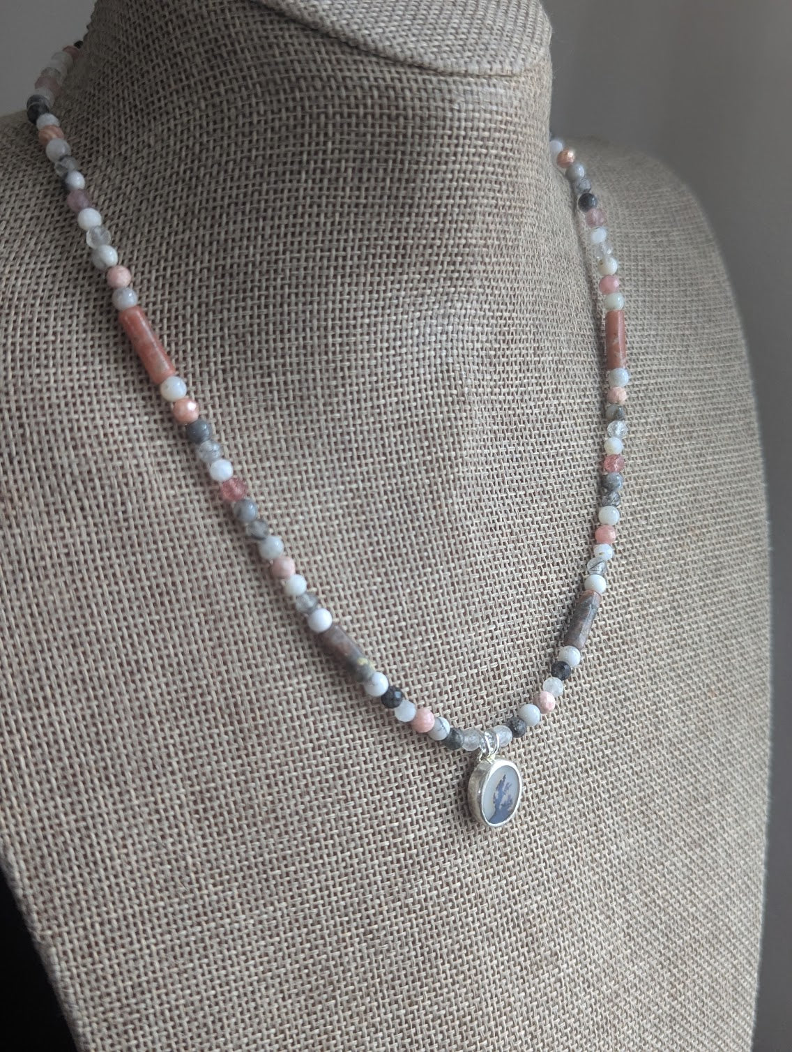 Dendritic Agate, Rhodocrosite, Moonstone, Tourmaline Beaded Sterling Silver Necklace