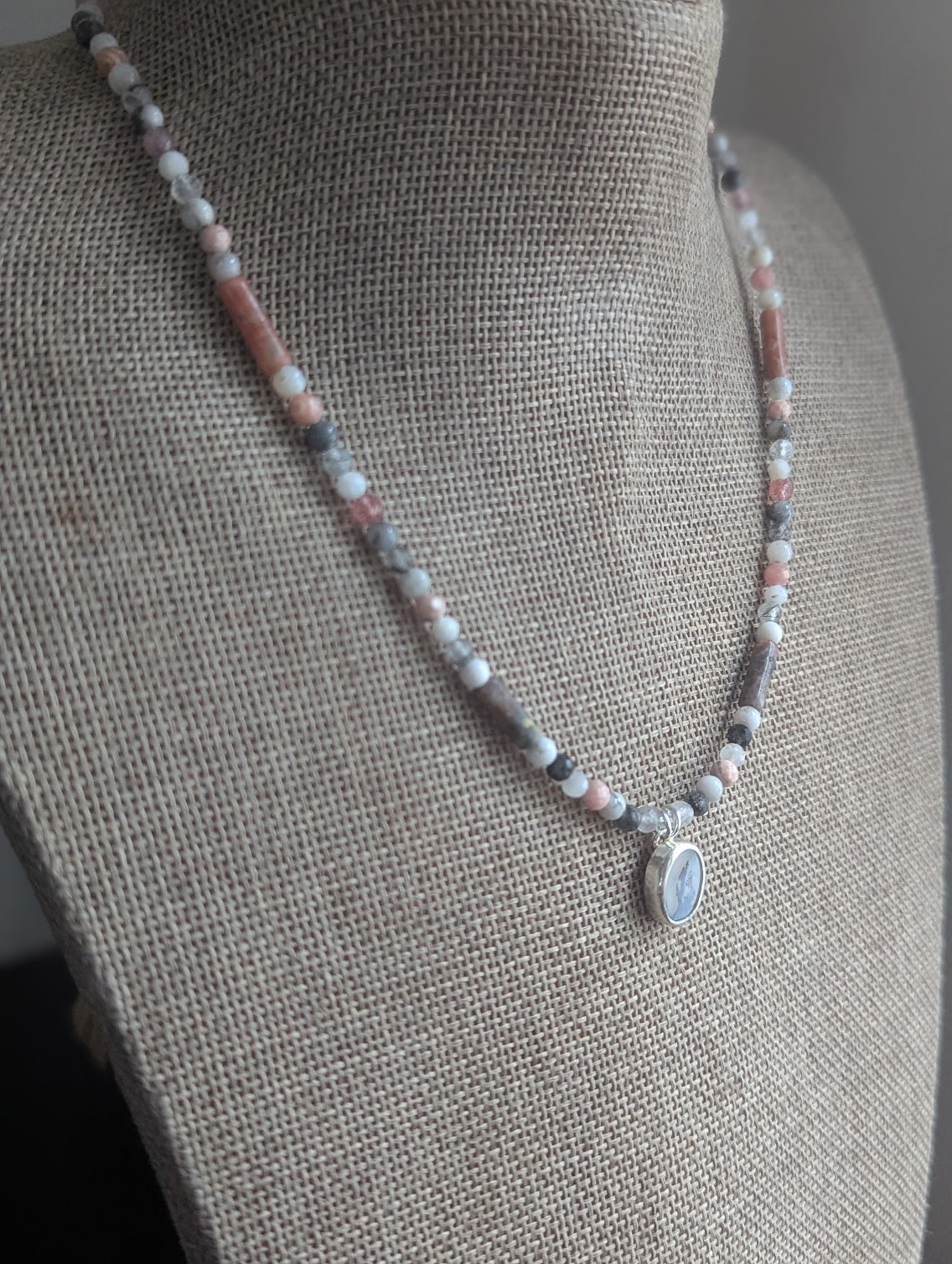 Dendritic Agate, Rhodocrosite, Moonstone, Tourmaline Beaded Sterling Silver Necklace
