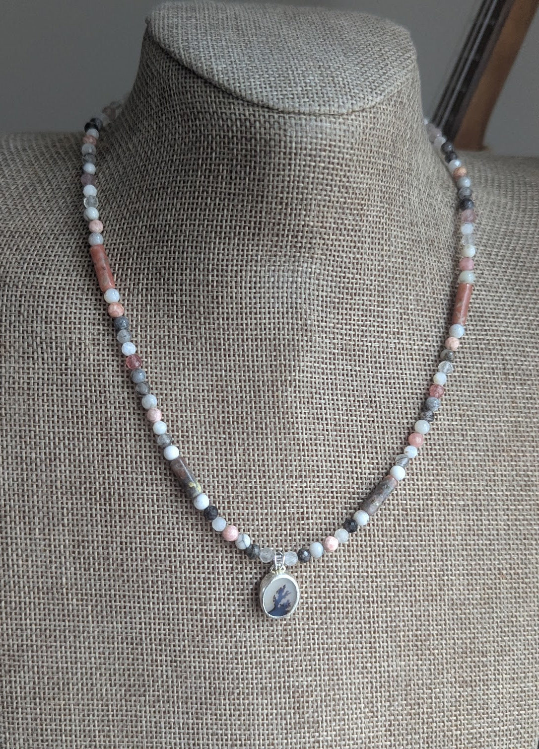Dendritic Agate, Rhodocrosite, Moonstone, Tourmaline Beaded Sterling Silver Necklace