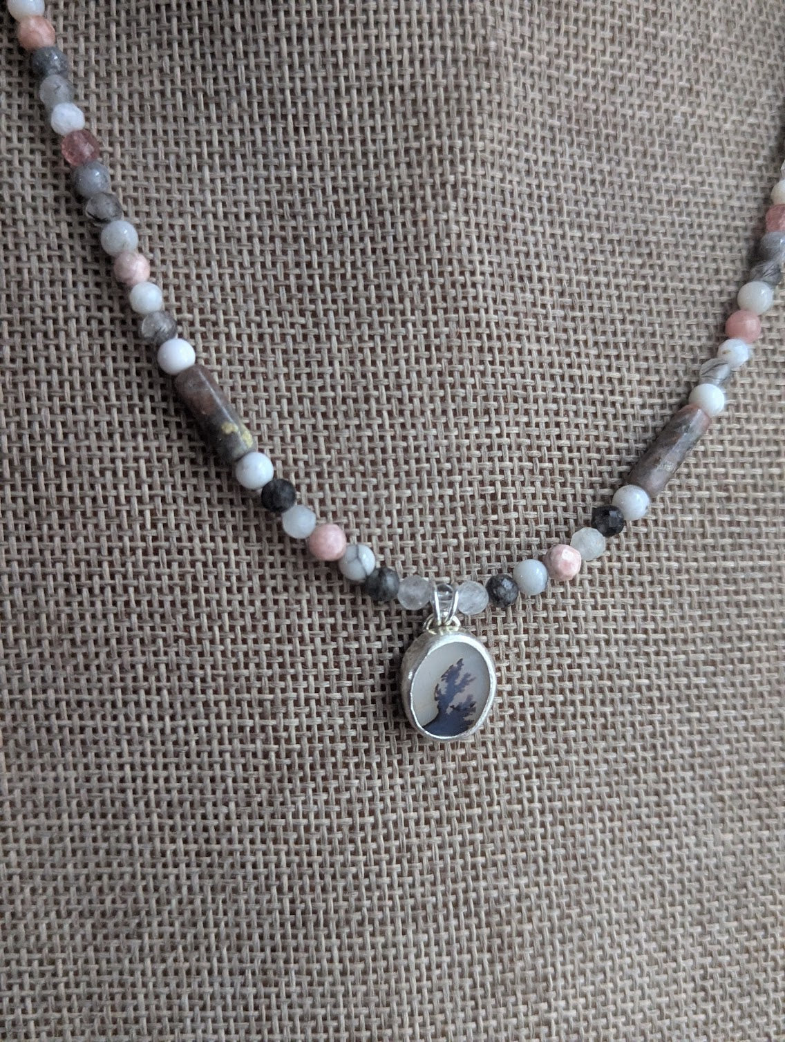 Dendritic Agate, Rhodocrosite, Moonstone, Tourmaline Beaded Sterling Silver Necklace