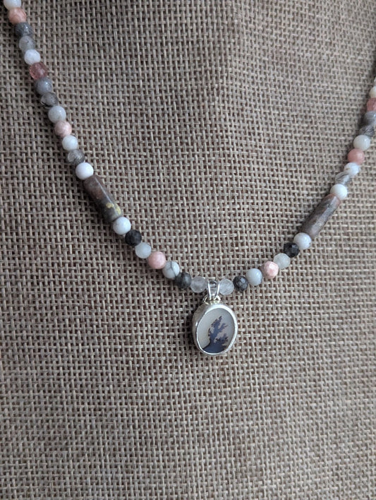 Dendritic Agate, Rhodocrosite, Moonstone, Tourmaline Beaded Sterling Silver Necklace