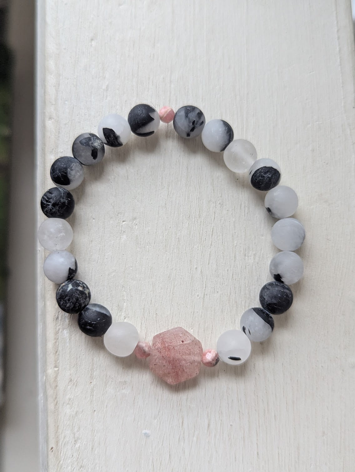 Limited Edition! Matte Black Tourmaline Quartz and Strawberry Quartz Stretch Bracelet (Various Sizes Available)