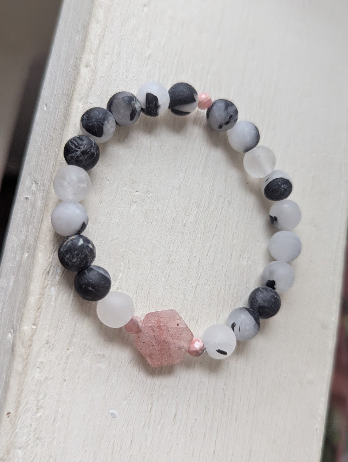 Limited Edition! Matte Black Tourmaline Quartz and Strawberry Quartz Stretch Bracelet (Various Sizes Available)