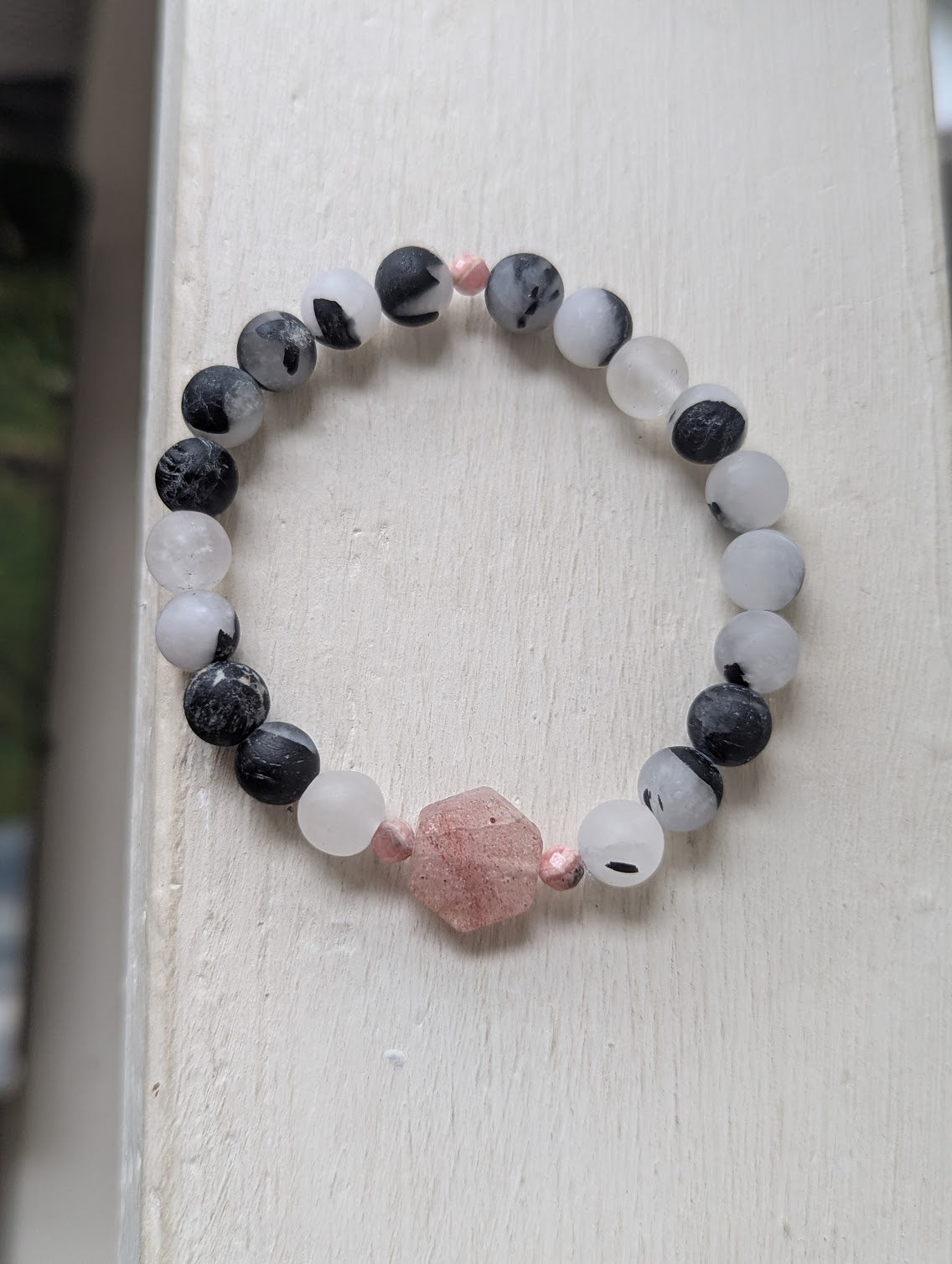 Limited Edition! Matte Black Tourmaline Quartz and Strawberry Quartz Stretch Bracelet (Various Sizes Available)