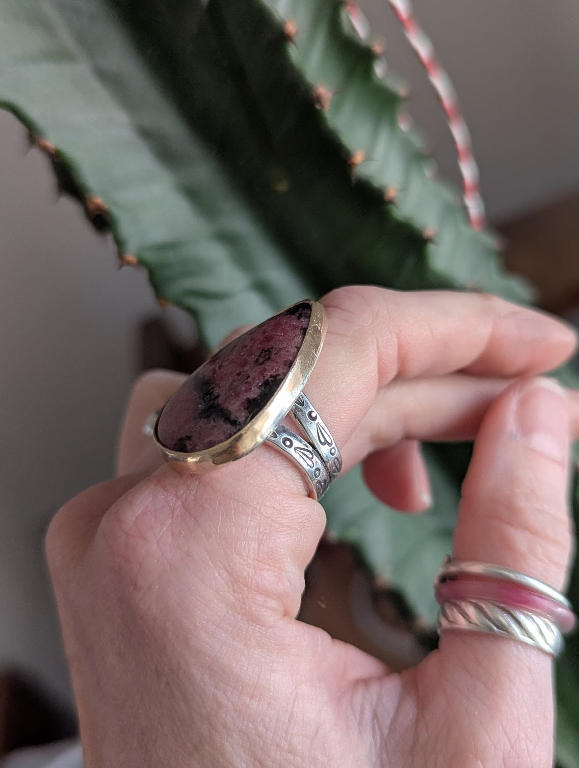 Rhodonite Tear Drop Gold and Silver Statement Ring - Size 7