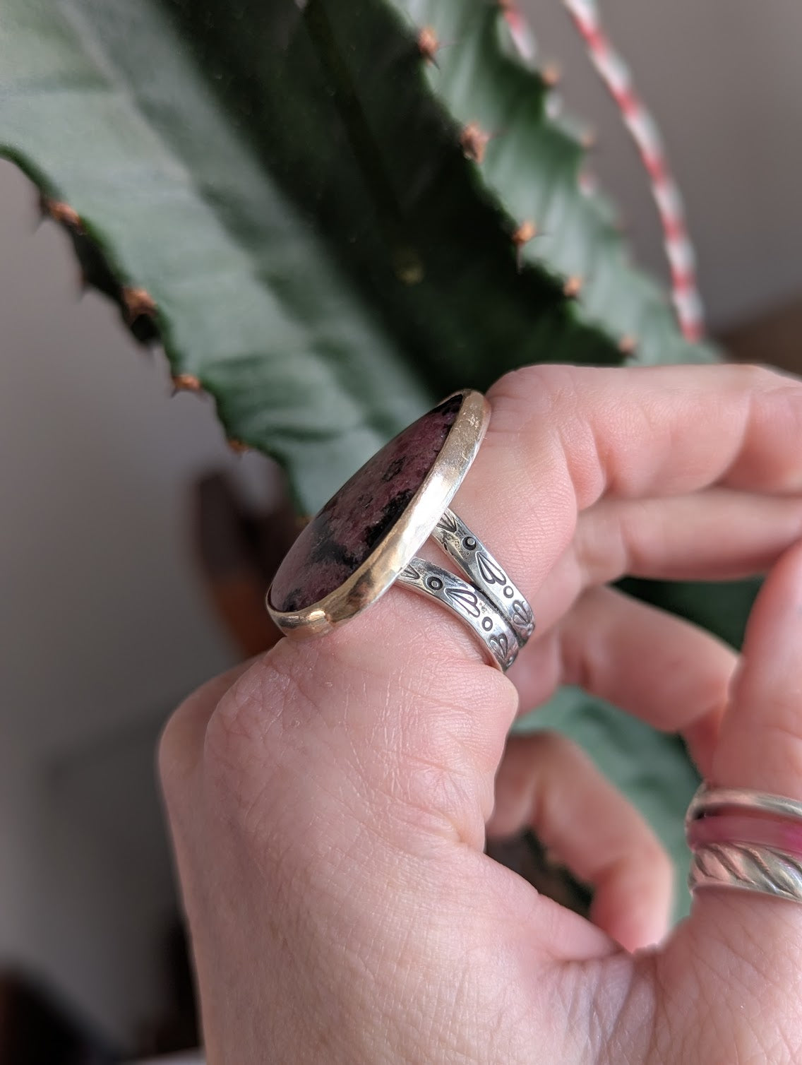 Rhodonite Tear Drop Gold and Silver Statement Ring - Size 7