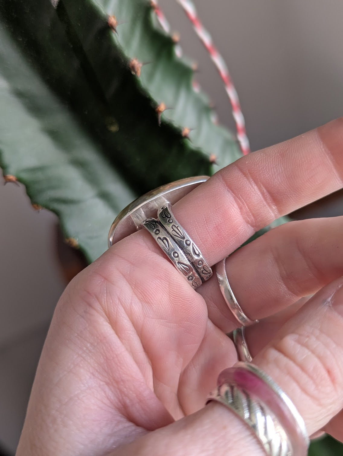 Rhodonite Tear Drop Gold and Silver Statement Ring - Size 7