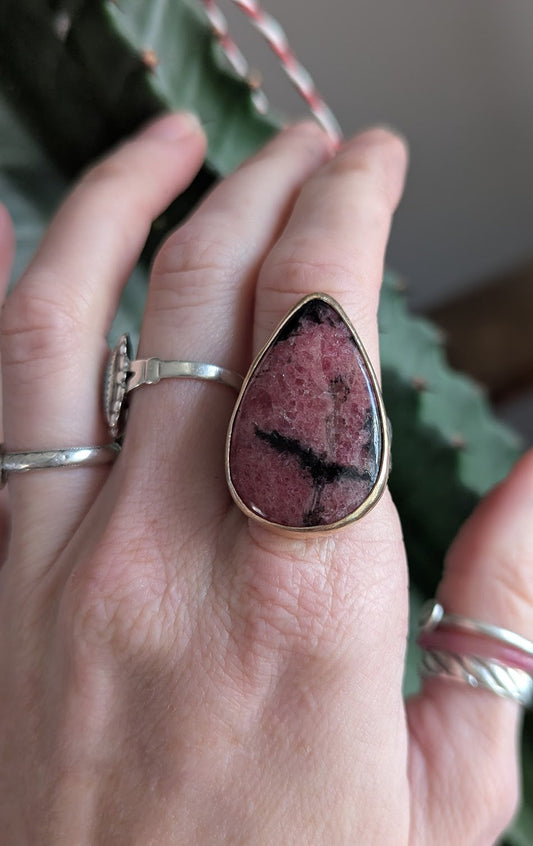 Rhodonite Tear Drop Gold and Silver Statement Ring - Size 7