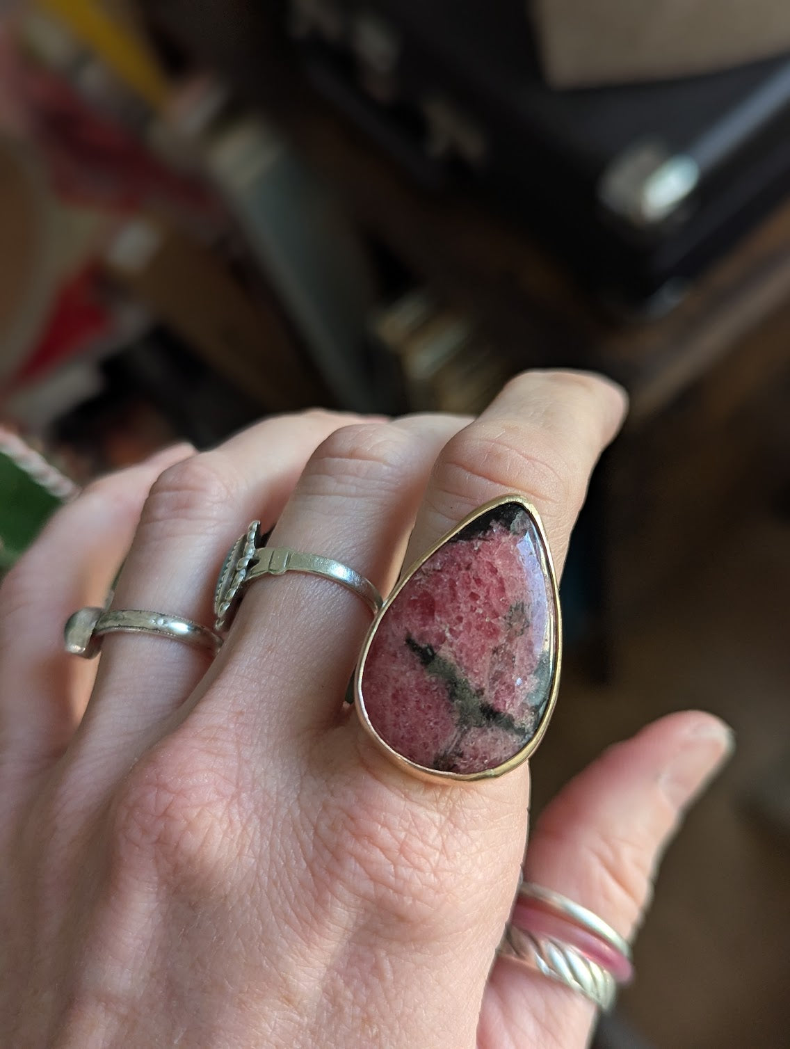 Rhodonite Tear Drop Gold and Silver Statement Ring - Size 7