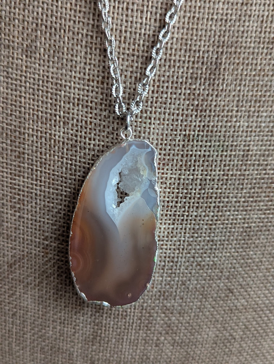 Large Brown Agate Slice Silver Necklace
