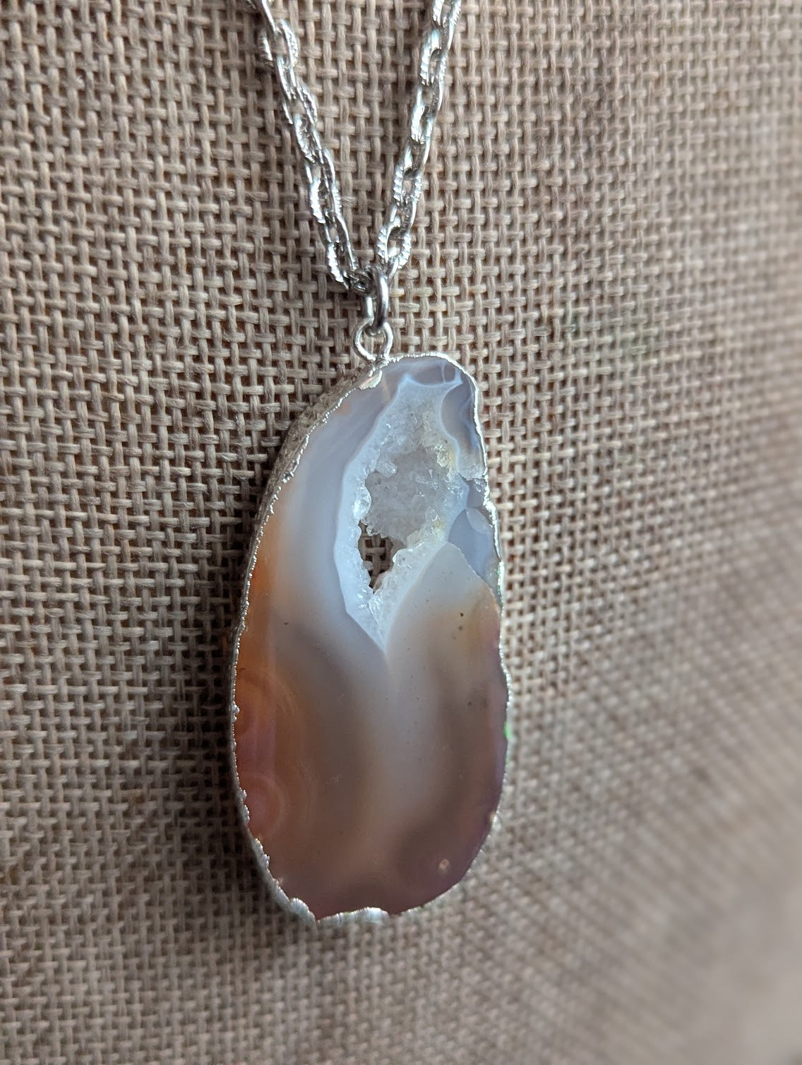 Large Brown Agate Slice Silver Necklace