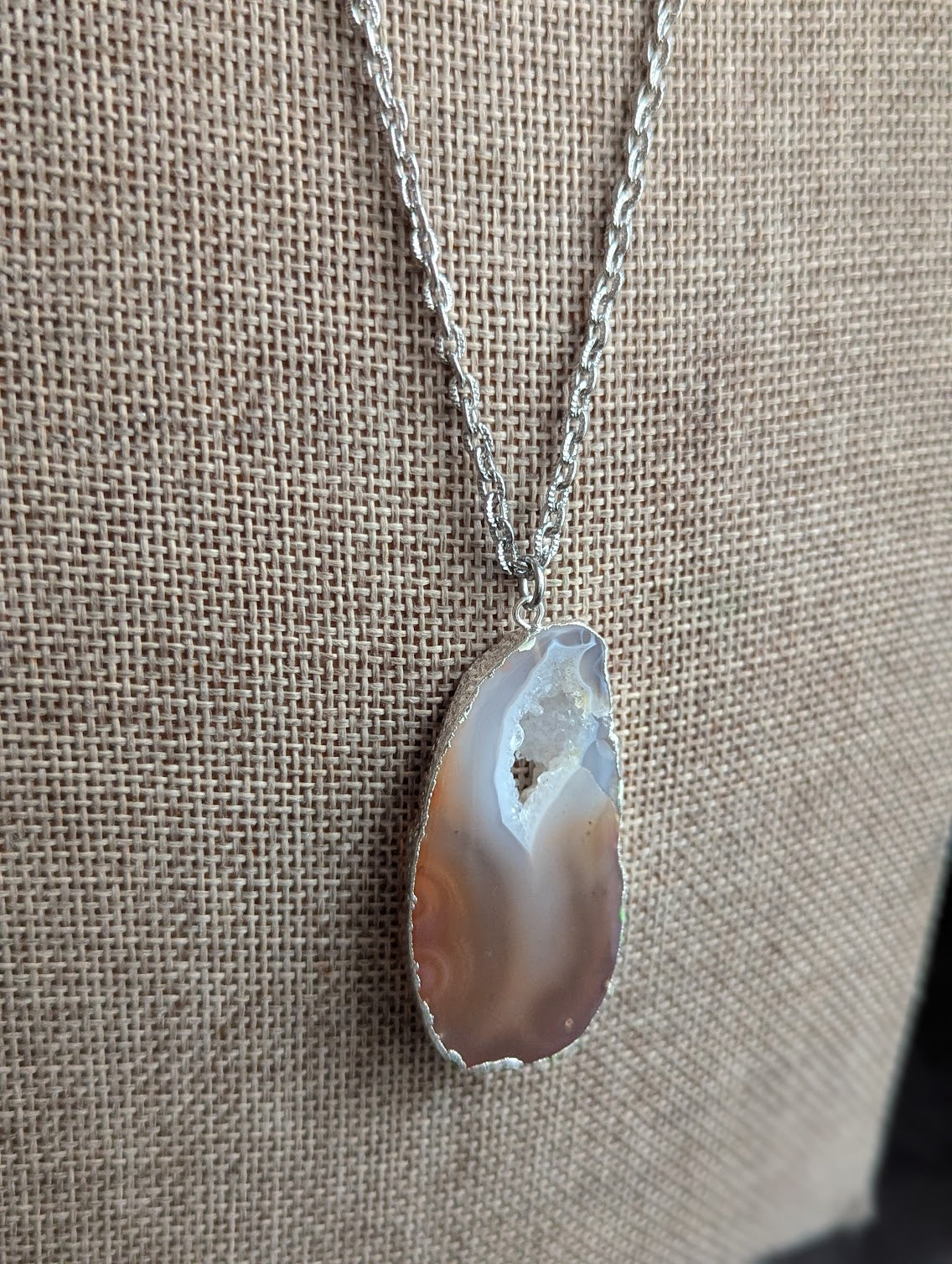Large Brown Agate Slice Silver Necklace